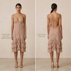 VTG 100% Silk Open Back Babydoll Dress Womens 38 (S) Mauve Tiered Ruffle Sexy